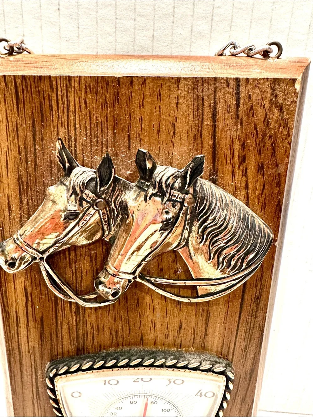 Vintage Brass/metal Horse Head Wooden Wall Thermometer Plaque -  Brown 1x4.5x7